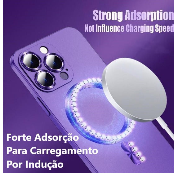 METAL - Capa Capinha Magsafe Magnético Metálico Sem Fio para iPhone 11 12 13 14 15 Plus Max Pro ProMax Fosco Silicone Com Lente